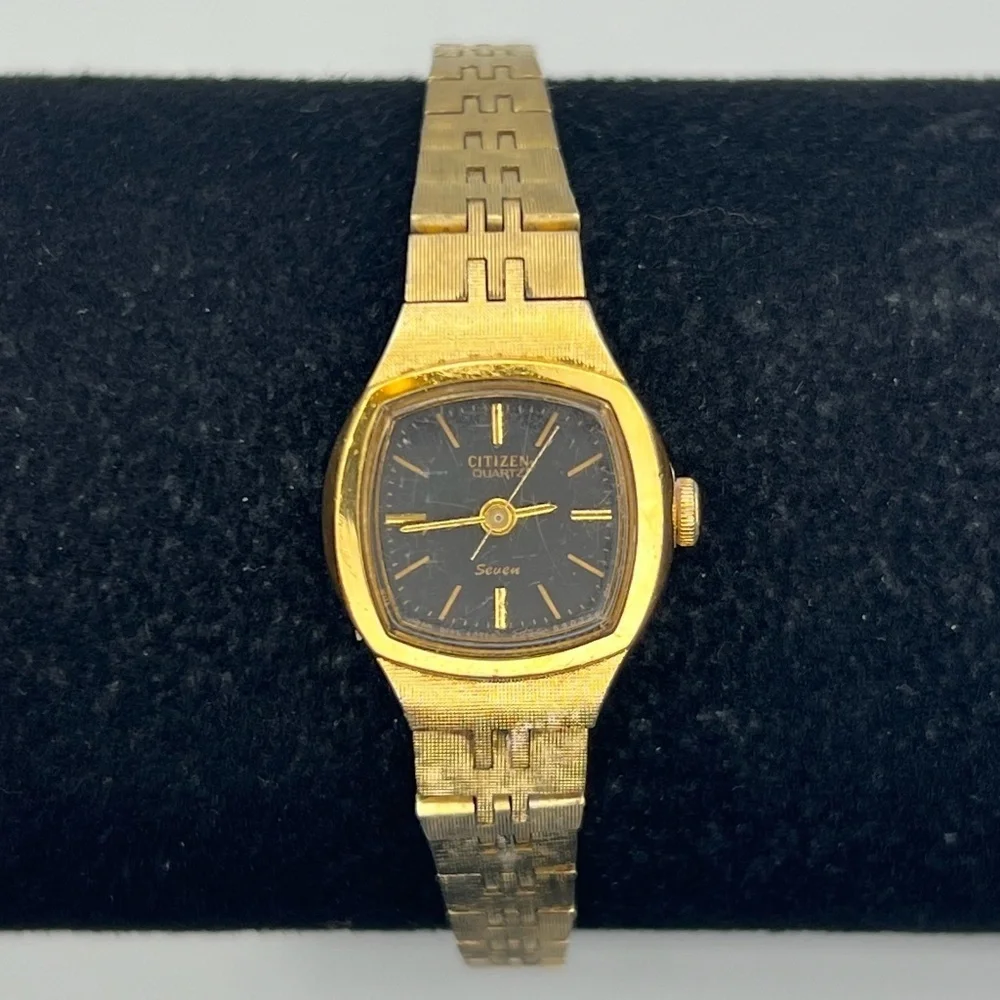 Citizen Vintage Rectangular Gold Plated Gold Black tones Ladies Watch Working